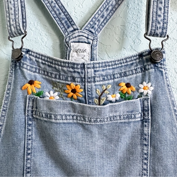 Aerie•Upcycled•Lightwash Denim Shortalls•Stretchy•Dolphin Raw Hem•One of a Kind - Picture 2 of 13